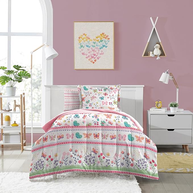 Dream Factory Kids 7-Piece Complete Bed Set Easy-Wash Super Soft Microfiber Comforter Bedding, Full, Pink Butterfly Garden