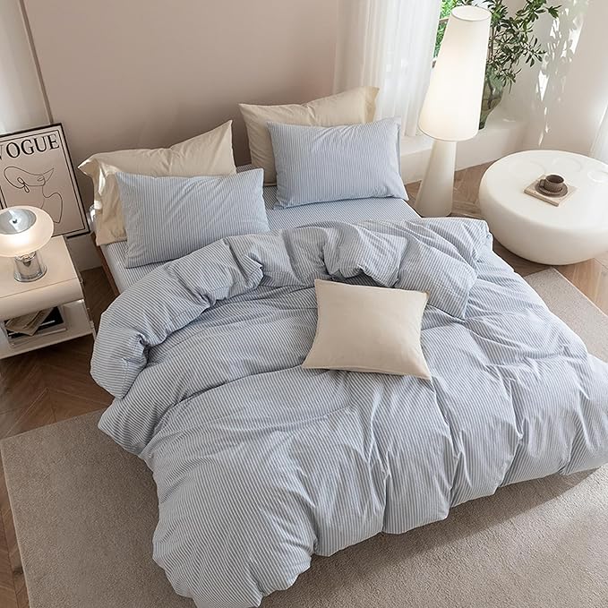 JIYUAN 100% Washed Cotton Striped Duvet Cover Set 2 Pieces Twin, 1 Duvet Cover and 1 Pillowcases(Comforter Not Included),Linen Like Comfy and Breathable,Pinstripes - Cornflower Blue White