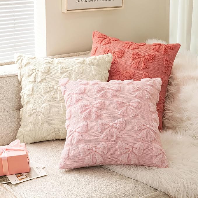 MIULEE Light Pink Bow Pillow Covers Coquette Room Decor Aesthetic Set of 2 Decorative Cute Girl Vlentine Pillow Covers Spring Soft Plush Faux Pillowcase for Preppy Room Decor Bedroom Couch,16x16 Inch