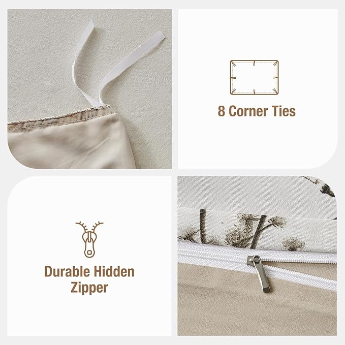 Lekesky Queen Size Duvet Cover Set, Lightweight Soft Microfiber Comforter Cover, Reversible Duvet Cover Queen with Branch Pattern, 3 Pieces Khaki Bedding Set with Zipper and 2 Pillowcases