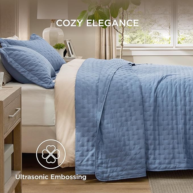 Bedsure Quilts Queen Size - Mineral Blue Bedspread Queen Size & Lightweight Comforter, Modern Coastal Coverlet with Clover Pattern, Ultra Soft All-Season Bedding, 90 x 96 Inches