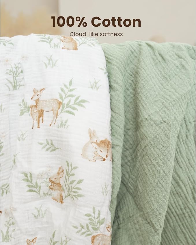 Konssy 2 Pack Muslin Bassinet Sheets for Boys, Girls, 100% Cotton Soft Breathable Fitted Bassinet Mattress Sheet, 32 x 16 inches (Woodland,Sage)