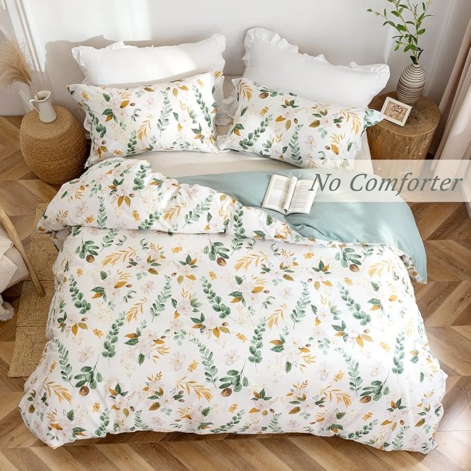 MILDLY 100% Washed Cotton Duvet Cover Set - Garden Flower Printed Autumn Comforter Cover Set Full Size Soft Breathable Bedding Set with Zipper Ties