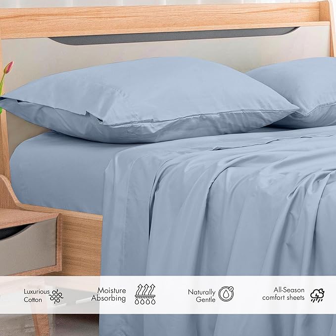 Royale Linens 300 Thread Count 100% Long Staple Combed Cotton Flat Sheet - Super Soft - Top Sheets - Full Flat Sheet Sold Separately- Breathable, Cool & Crisp Percale Sheets Only (Twin XL Lake Blue)