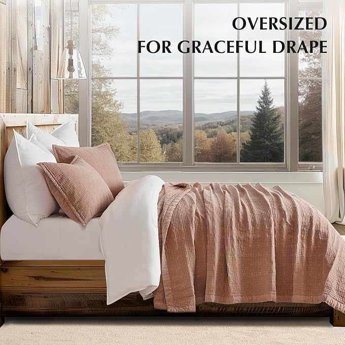 EVERGRACEHOME Stonewashed Cotton Quilt Set Full Queen Size, Ultra Soft Oversized Bedspread Coverlet Set, Lightweight Crinkle Box Stitch Bedding Sets for All Season, with 2 Shams, Terracotta Clay