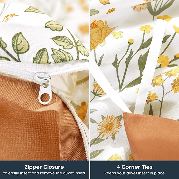 Wake In Cloud - Floral Duvet Cover Set, Shabby Chic Cottage Garden Botanical Flower Style with Elegant Wildflower Pattern, Soft Lightweight Bedding, 3 Pieces, Orange White, Full Size