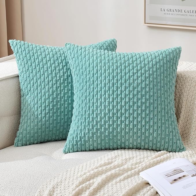 MIULEE Pack of 2 Decorative Throw Pillow Covers 16x16 Inch Soft Boho Striped Textured Corduroy Pillow Covers Modern Farmhouse Home Decor for Couch Bed Sofa Living Room Aqua Green