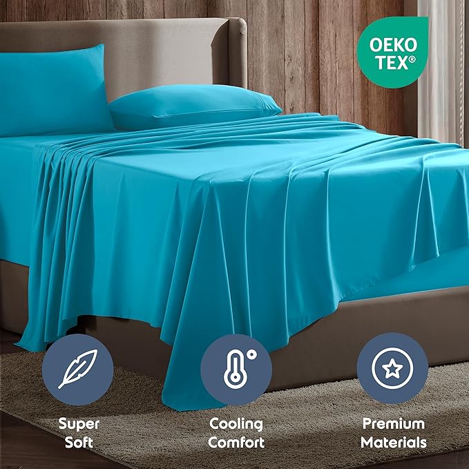 Nestl Short Queen Sheet Set - 1800 Ultra-Soft Microfiber - Double Brushed - Deep Pockets - Easy Fit - 4 Piece Set - Bed Sheets (Short Queen, Bright Blue)