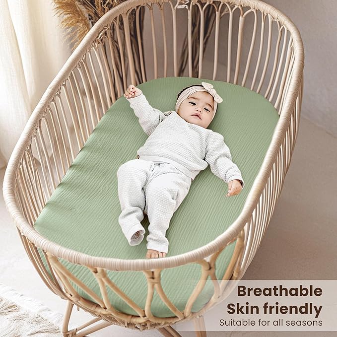 Konssy 2 Pack Muslin Bassinet Sheets for Boys, Girls, 100% Cotton Soft Breathable Fitted Bassinet Mattress Sheet, 32 x 16 inches (Woodland,Sage)