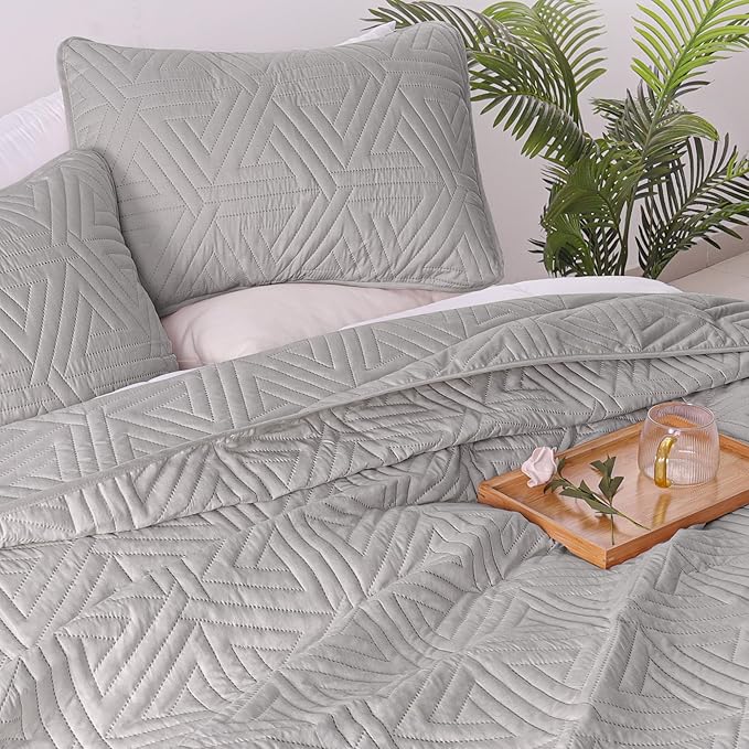 Whale Flotilla Soft Queen Size Quilt Set for All Seasons, 3-Piece Ultrasonic Geometric Quilts Bedding Set, Lightweight Reversible Bedspread, Coverlet, Bed Cover with 2 Pillow Shams, Lightgrey