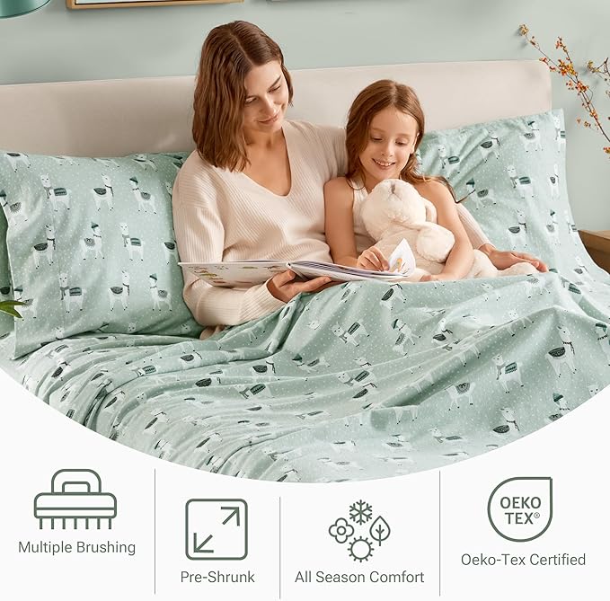 True North by Sleep Philosophy Cozy Flannel Warm 100% Cotton Sheet - Novelty Print Animals Stars Cute Ultra Soft Cold Weather Bedding Set, Twin, Seafoam Llama 3 Piece