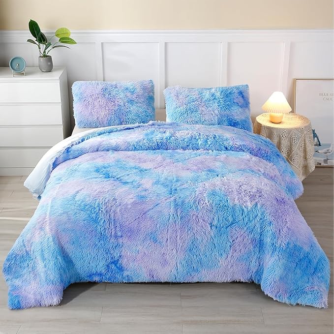PERFEMET 3 Pcs Blue Plush Shaggy Comforter Queen Size Tie Dye Long Faux Fur Rainbow Bedding Set for Girls Ultra Soft Warm Fluffy Furry Bed Sets(Blue, Queen)