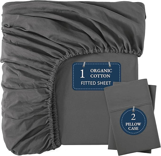 LANE LINEN Queen Fitted Sheet, 100% Organic Cotton Soft & Comfy Fully Elasticized Mercerized Cotton Sung Fit 15" Deep Pocket All Weather Queen Size Fitted Sheet Only (+Pillowcases) - Charcoal