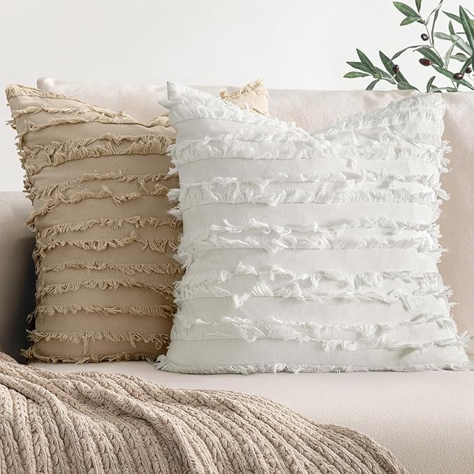 MIULEE Set of 2 Decorative Boho Throw Pillow Covers Linen Striped Jacquard Pattern Spring Cushion Covers for Sofa Couch Living Room Bedroom 18x18 Inch White