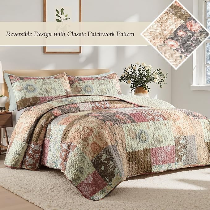 Whale Flotilla Patchwork Quilt Twin Size, Soft Boho Floral Bedspreads for Bed Reversible Lightweight Twin Quilt Bedding Set Coverlets with 1 Pillow Sham for All Seasons, Vintage Red Flowers