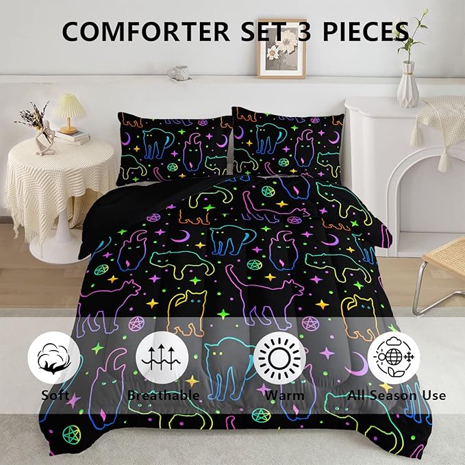 Black Cat Bedding Cartoon Cat Comforter Set Full,Moon Stars Printed Kids Bedding Set for Boys Girls Adults Room Decor,Kids Comforter Set All Season,1 Quilt 2 Pillow Cases,Neon Color Blue Green