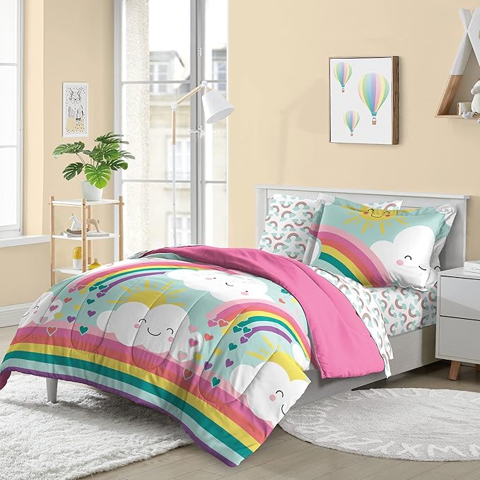 Dream Factory Kids 7-Piece Complete Bed Set Easy-Wash Super Soft Microfiber Comforter Bedding, Full, Teal Rainbow Flare, (2D872502TE)