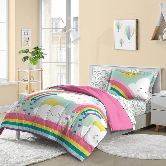 Dream Factory Kids 7-Piece Complete Bed Set Easy-Wash Super Soft Microfiber Comforter Bedding, Full, Teal Rainbow Flare, (2D872502TE)