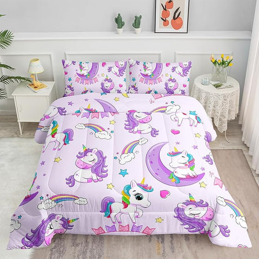 Axolotl Purple Unicorn Comforter Set Full Size, Kids Bedding Set, Cute Unicorn Rainbow Bedding Set with Stars, 3Pcs (1 Comforter + 2 Pillowcases), Unisex, Modern Style, All Seasons