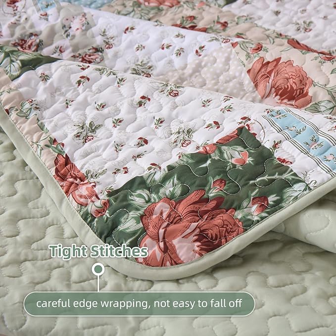 Anibedding Green Patchwork Quilt Set King Size, Bohemian Red Flower Green Plaid Bedspread Coverlet Set with Pillowcases, Soft Microfiber Summer Quilt Floral Bed Cover for All Season (110''x90'')