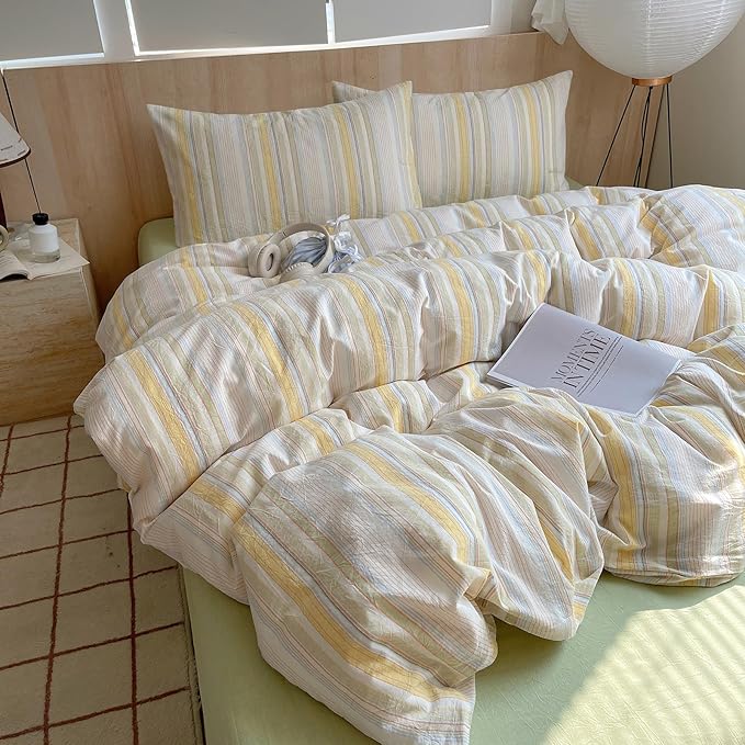 Yellow Striped Duvet Cover Twin XL, 100% Washed Cotton Multicolor Stripes Pattern Printed Comforter Cover, 3 Pieces Breathable Duvet Cover with 2 Pillowcases, Soft Farmhouse Striped Bedding Set