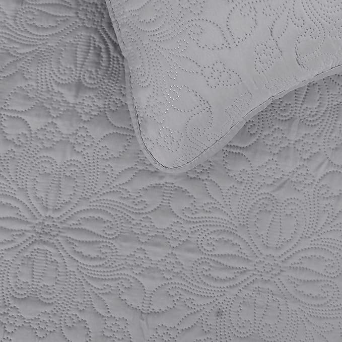 Easy-Going Full/Queen Size Reversible Quilt Set with 1 Quilt and 2 Pillow Shams, Soft Bed Quilt Cover, Water Resistant Lightweight Microfiber Bedspread, Stain Resistant, Damask-Light Gray/Ivory