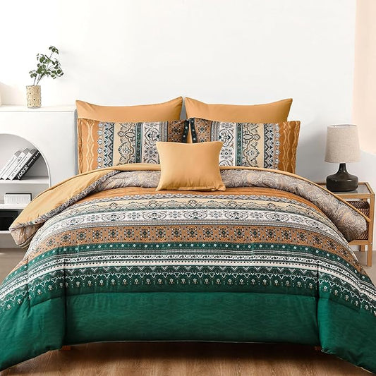 Cottolester Boho Comforter Set King Size,8 Pieces Brown and Green Bohemian Striped Bed in a Bag,Paisley Soft Microfiber Bedding Comforter Set