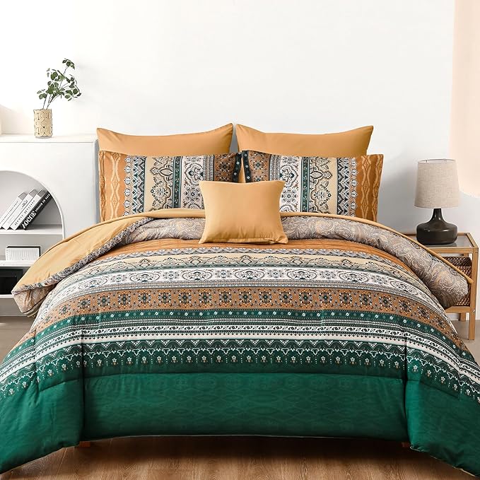 Cottolester Boho Comforter Set Full Size,8 Pieces Brown and Green Bohemian Striped Bed in a Bag,Paisley Soft Microfiber Bedding Comforter Set