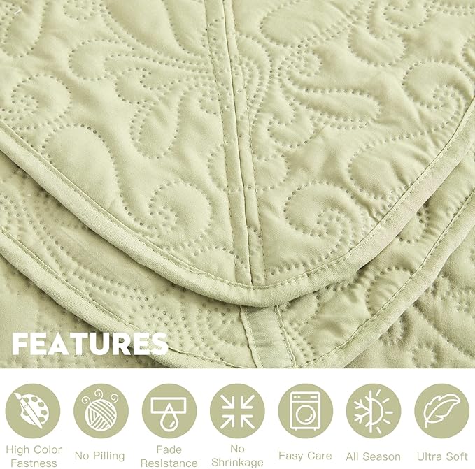 Oversized King Bedspread, Ultrasonic Lightweight Bedding Cover, Paisley Pattern, Reversible, 5 Piece, 100% Microfiber, Sage Green