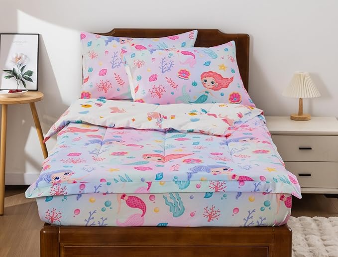 Meeting Story 3pcs Zipper Bedding Set for Girls, Full Kid Mermaid Zip up Comforter Rainbow Bedding for Kid（Pink Yellow,Full）