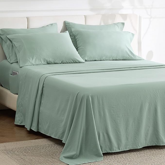 Bedsure Deep Pocket Queen Sheets - 6 Piece, Prewashed Ultra-Soft Queen Sheet Set, Fits Mattresses Up to 18 Inches Thick, Breathable & Secure Fit, Hotel Luxury Bedding, Sage Green