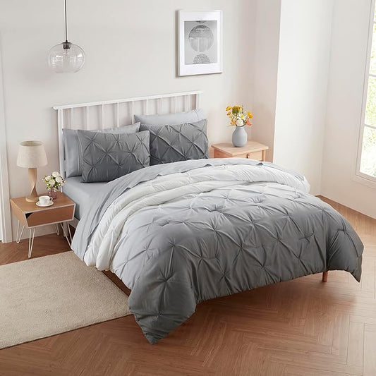 7 Piece Comforter Set Bed in a Bag Ombre Pintuck Design All Season Soft Down Alternative Bedding Comforter Set & Luxurious Matching Bed Sheets & Pillow Shams, Ombre Pintuck Gray, Full