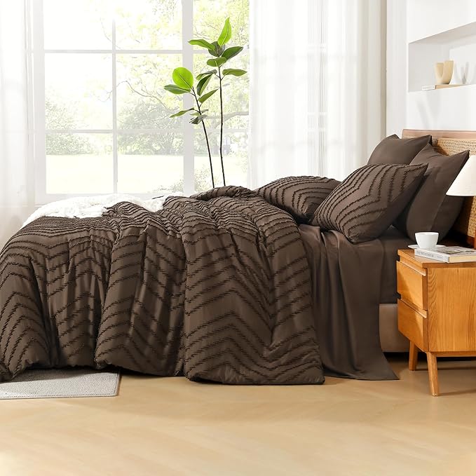 Litanika California King Size Comforter Set with Sheets Brown - 7 Pieces Bed in a Bag Cal King Chevron Tufted Complete Bedding Sets with Comforter, Sheets, Pillowcases & Shams