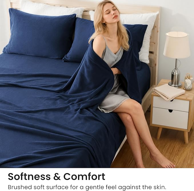 Love's cabin Fleece Queen Sheet Set - 4 Pcs Dark Blue Winter Soft Plush Polar Fleece Bed Sheets Set with 16" Deep Pocket,Cozy Warmth for Cold Season(1 Flat Sheet,1 Fitted Sheet,2 Pillow Cases)