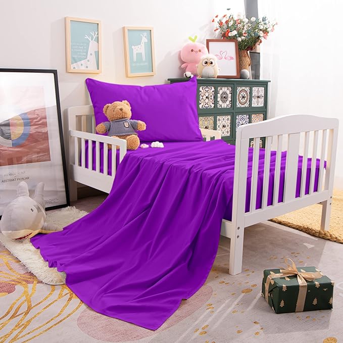 NTBAY Toddler Sheet Set - 3-Piece Microfiber Crib Sheet Set - Flat Sheet, Fitted Sheet, Pillowcase - Solid Toddler Bedding, Purple