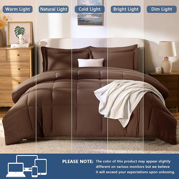 CozyLux Queen Comforter Set Brown - 7 Pieces Bed in a Bag Queen, All Season Breathable Bedding Sets, Oeko-Tex Certified Bed Set with Down Alternative Comforter, Sheets, Pillowcases & Pillow Shams