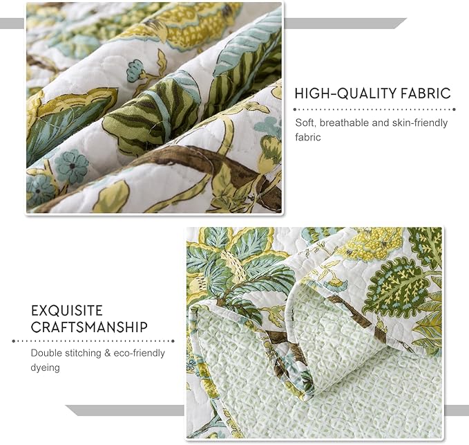 Travan 3-Piece Quilt Set Quilted Bedspread Cotton Coverlet Set Floral Oversized Quilted Bedding Set for All Season, White Vine, King Size