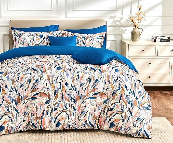 Queen Size Duvet Cover Set with Button Closure - Multicolor Leaves Botanical Luxury Bedding for a Comfortable Sleeping
