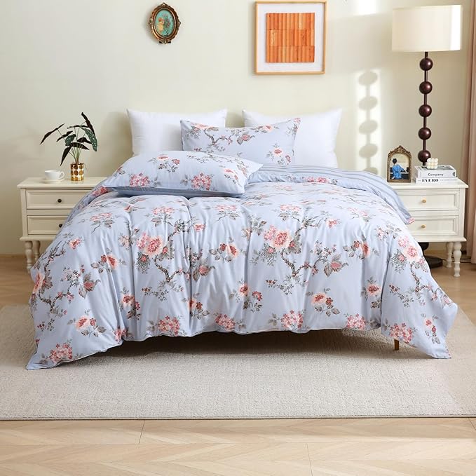 ABREEZE Floral Duvet Cover Queen Size Set Bird Flowers Bedding Set 100% Brushed Cotton Bedding Collection 1 Duvet Cover with 2 Pillowcases Grey