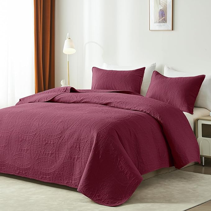 akkialla Burgundy Twin Quilt Set, Ultrasonic Lightweight Bedspread Coverlet for Modern Minimalist Bedroom, Soft Microfiber Coin Pattern Bedding, 2-Piece (1 Quilt, 1 Pillow Sham) | Breathable fabric