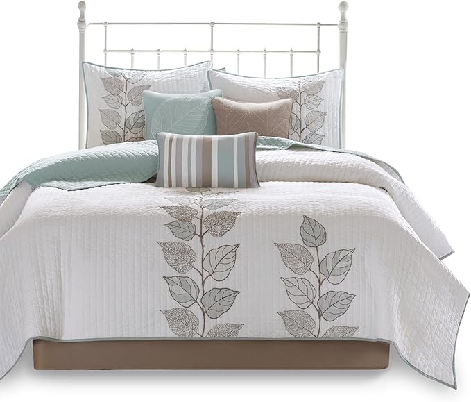 Madison Park Caelie Quilt Modern Classic Design All Season, Breathable Coverlet Lightweight Bedding Set, Matching Shams, Decorative Pillow, Full/Queen(90"x90"), Leaf Blue 6 Piece