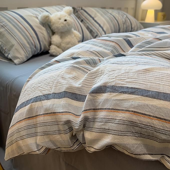 mixinni Vintage Blue and White Striped Duvet Cover Set Full - 100% Washed Cotton 3 Piece Bedding Set with Geometric Pattern, Soft Breathable Comforter Cover with Zipper Closure & Corner Ties