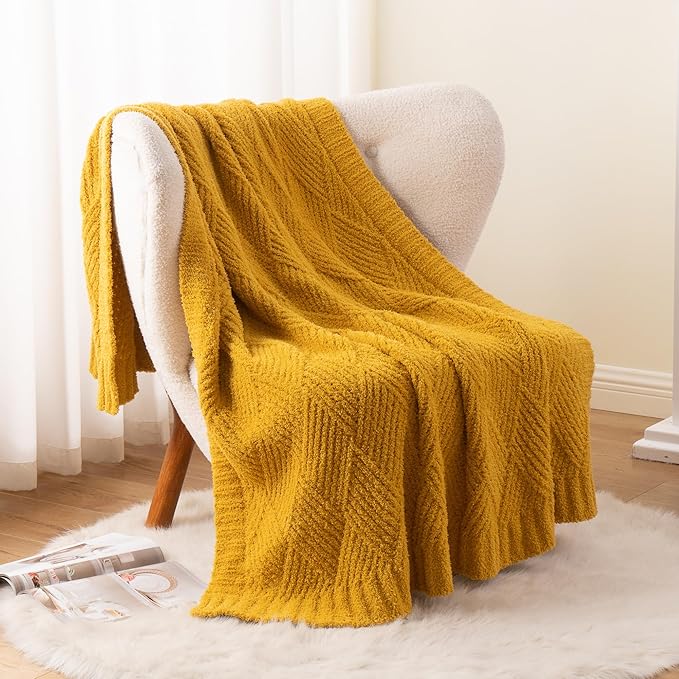 Battilo Yellow Diamond Knit Throw Blanket for Couch and Bed, Soft Textured Chenille Blanket, Cozy Lightweight Decorative Blanket for Sofa, 50"x60"