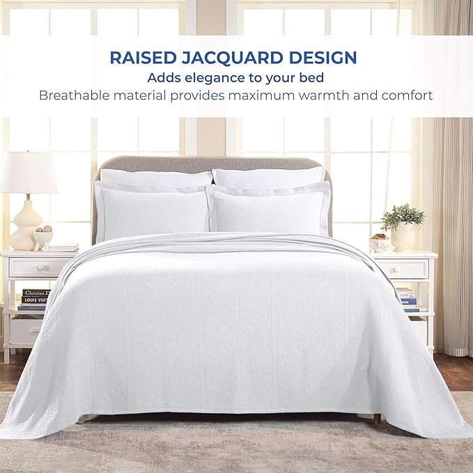 Superior Cotton Fleur De Lis Bedspread Set, Warm Blankets, All-Season Bedding, Bedroom Decor, Decorative Boho Medallion Coverlet, Includes 1 Bedspread, 2 Pillow Shams, Queen, White