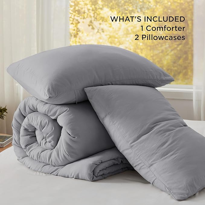 Bedsure Queen Comforter Set, Grey Soft Prewashed Bedding for All Seasons, 3 Pieces GentleSoft™ Bed Set, 1 Lightweight Comforter (90"x90") and 2 Pillowcases (20"x26")