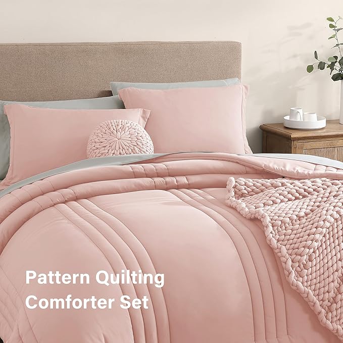 Monbix Queen Comforter Set - 7 Pieces Light Pink Bed in a Bag Queen Bedding Sets with Comforters, All Seasons Comforter Bed Set with Sheets, Pillowcases & Shams