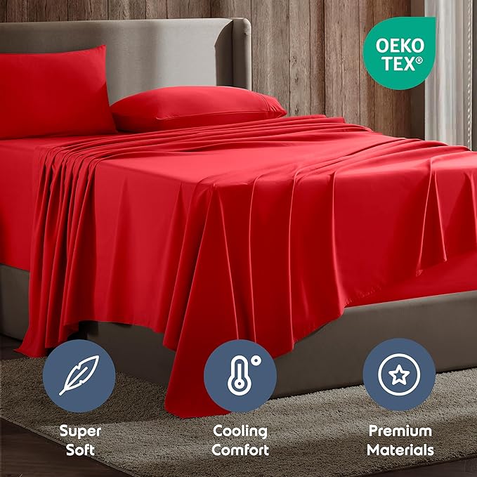 Nestl Queen Sheet Set - Luxury 1800 Ultra-Soft Microfiber Bed Sheets - Double Brushed - Deep Pockets - Easy Fit - 4 Piece Set - Bedding Sheets & Pillowcases (Queen, Red)
