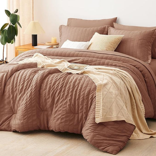 CozyLux Queen Comforter Set Mocha Mousse Seersucker 7 Pieces Bed in a Bag Queen Comforter Set with Sheets, Luxury Bedding Sets with Down Alternative Comforter, Sheets, Pillowcases & Shams All Seasons