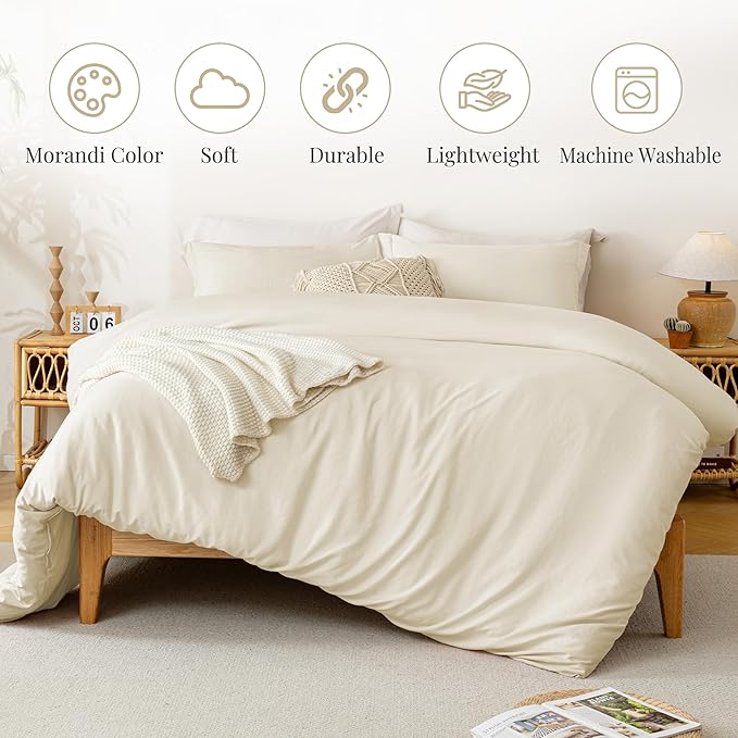 MILDLY Super Soft Duvet Cover - 100% Washed Microfiber Beige Comforter Cover Set 3 Pieces with Zipper Closure & Corner Ties (No Comforter)