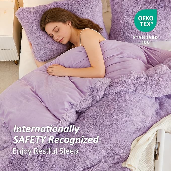 EMME Luxury Purple Fuzzy Duvet Cover Set King Size 3 Pieces Fluffy Comforter Cover Set for King Bed Shaggy and Plush Soft Bedding Duvet Covers (Purple, King)